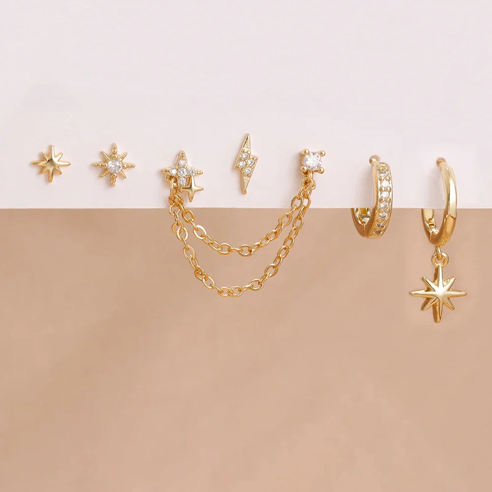6PCS Fashion Cute Zircon Flower Ear Stud For Women Fashion 18K Gold Plated Star Ear Stud Earring Piercing Girl Set Jewelry Gift