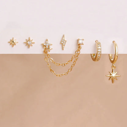 6PCS Fashion Cute Zircon Flower Ear Stud For Women Fashion 18K Gold Plated Star Ear Stud Earring Piercing Girl Set Jewelry Gift