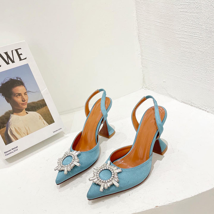 Aneikeh Marca Feminina Salto Alto de Seda Luxuoso Salto Alto com Laço de Borboleta de Cristal Sapatos Pontudos de Verão Salto Triângulo Sapatos de Noiva