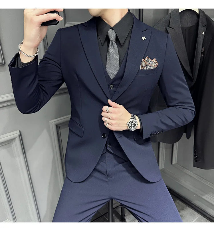 Slim Fit Men's Three Piece Suit Thin Single Button Notch Lapel Casual Fashion Cotton Blend Spring Autumn Wear for Youth