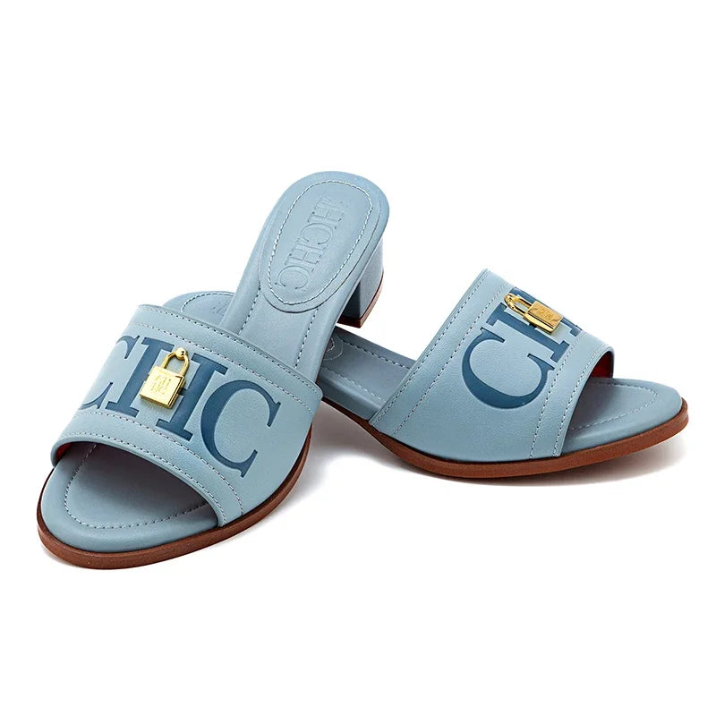 Fashion Monogram Print Elegant Design Women's Low Heeled Slippers Solid Color High Quality Metal Lock Simple Single Shoes