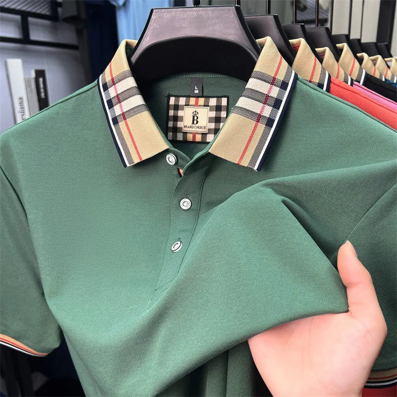 Luxury brand short sleeve polo shirt men fashionable simple solid color summer mercerized cotton breathable casual lapel T shirt