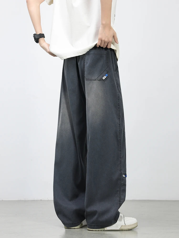 Summer Lyocell Men's Jeans Soft Elastic Washed Casual Pants Loose Lightweight Embroidery Wide Leg Straight Denim Trousers