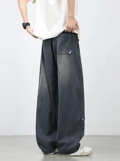 Summer Lyocell Men's Jeans Soft Elastic Washed Casual Pants Loose Lightweight Embroidery Wide Leg Straight Denim Trousers