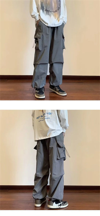 Streetwear 2025 New Spring Harem Multicolored Casual Pants Men Elastic Waist Solid Color Cargo Pants Multi Pocket Baggy Pants