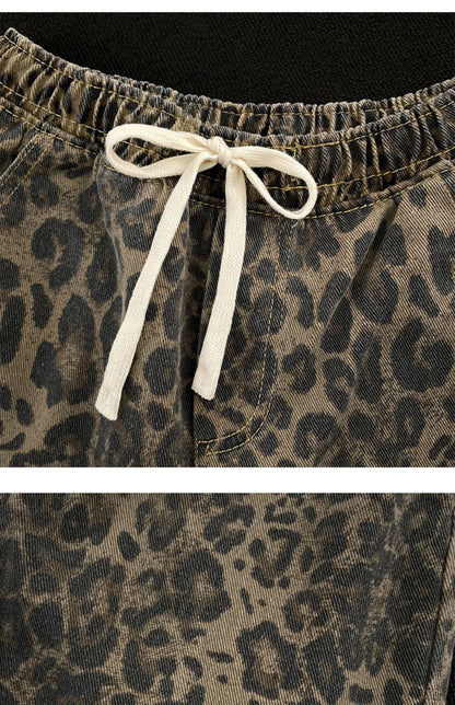 Men Leopard Denim Shorts Summer Thin American High Street Drawstring Casual Pants Loose Popular Versatile Handsome Trousers
