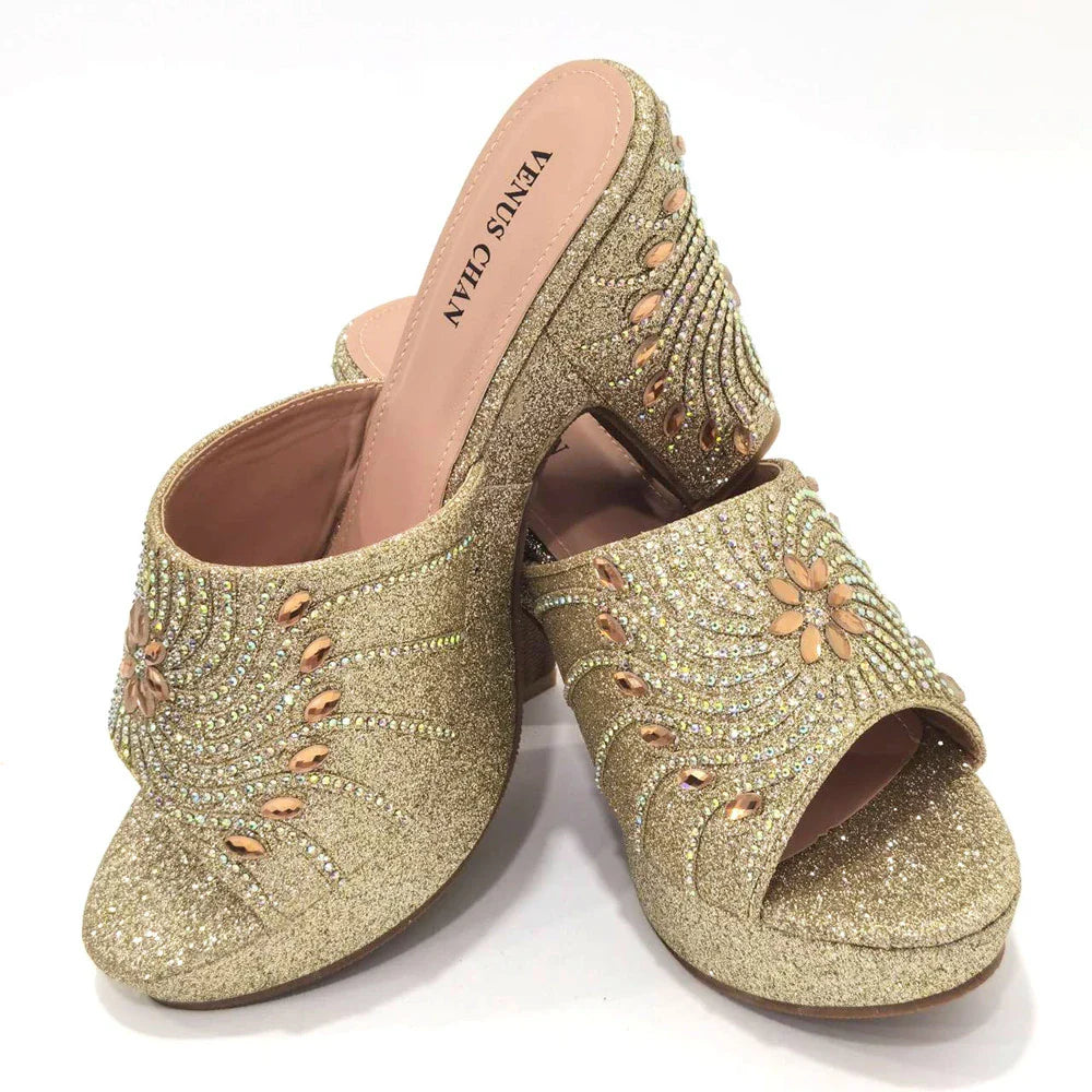 Women's Shoes High Heels Sexy Ladies Party Wedding Pattern Embroidery Mules Shoes and Bags Set for Italian
