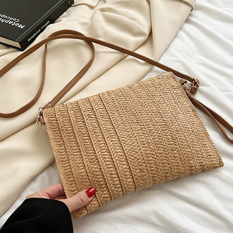 Straw Woven Shoulder Crossbody Bag Beach Clutch Handbag Casual Summer Handmade Envelope Bags for Women Totes Purse