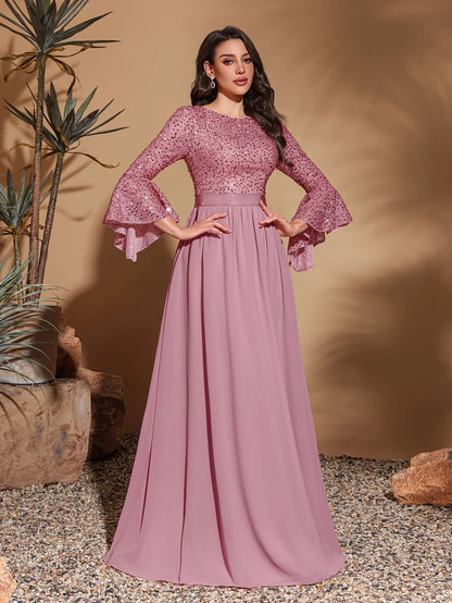 Round neck, sequined trumpet sleeves, spliced chiffon hem, elegant retro dress