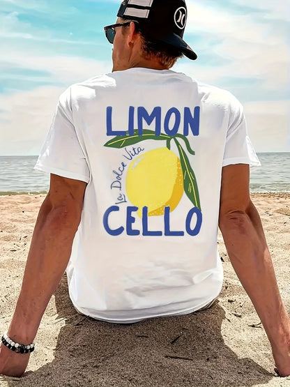 Men's 100% pure cotton fashionable casual loose sports LIMON CELLO pattern printed round neck short sleeved T-shirt top