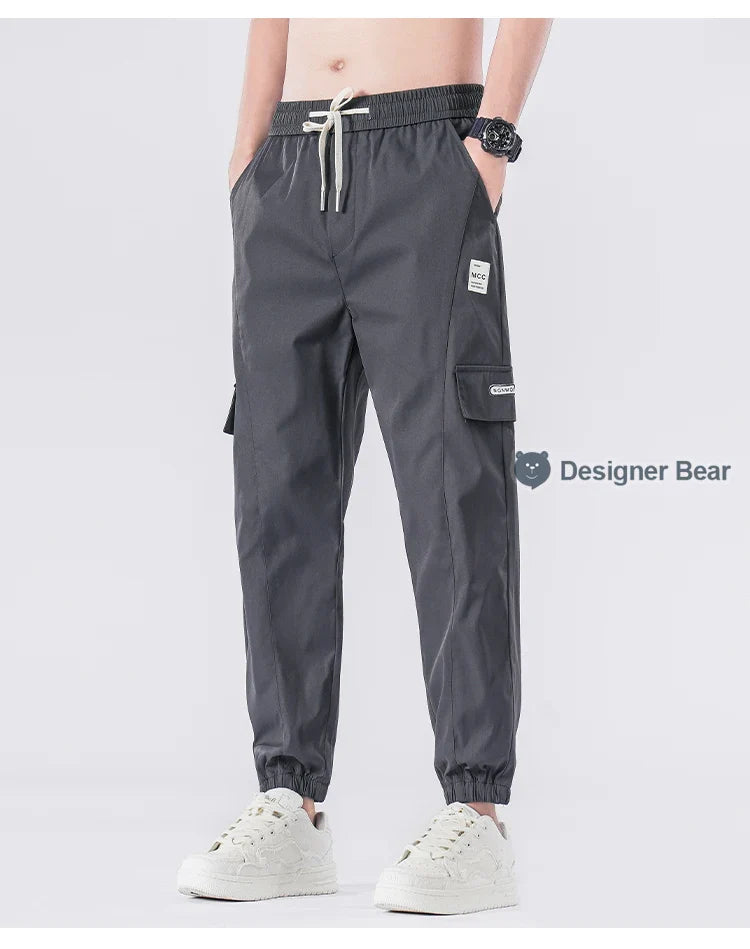 Spring Summer Thin Men's Cargo Pants Loose Tapered Elastic Cuff Jogger Trousers Quick Dry Casual Outdoor Haren Pants Male 5XL
