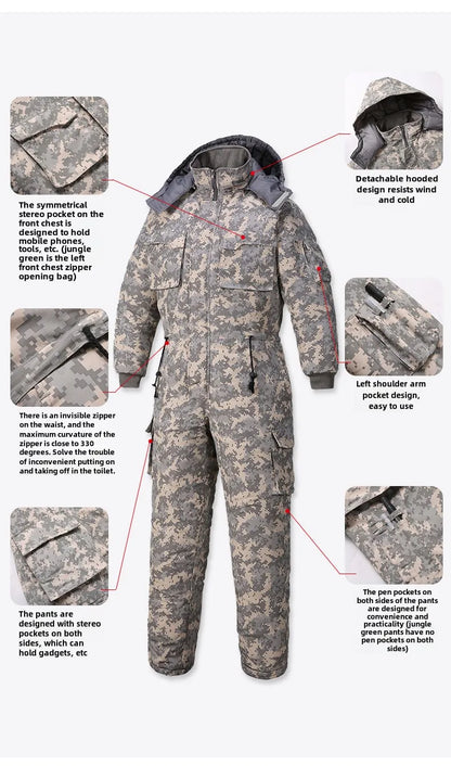 Men Winter Waterproof Thick Cotton Jumpsuit Clothing Outdoor Convenient Sports Camo Jacket Warm Cold Proof Hooded Work Clothes