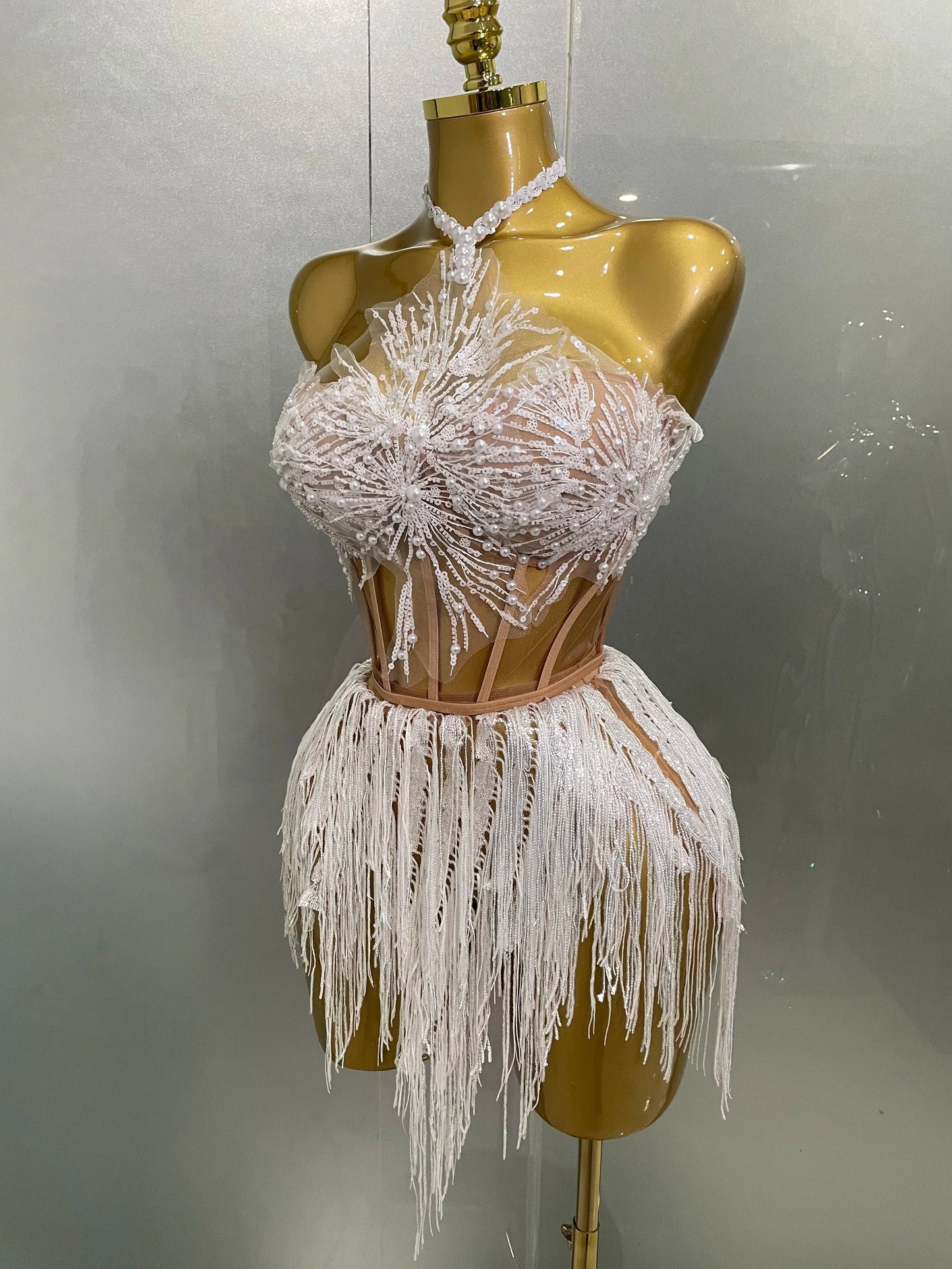 Pearl Sequins Tassel Sleeveless Glitter Mini Dress Women Singer Bar Nightclub Stage Performance Clothing Show Outfit