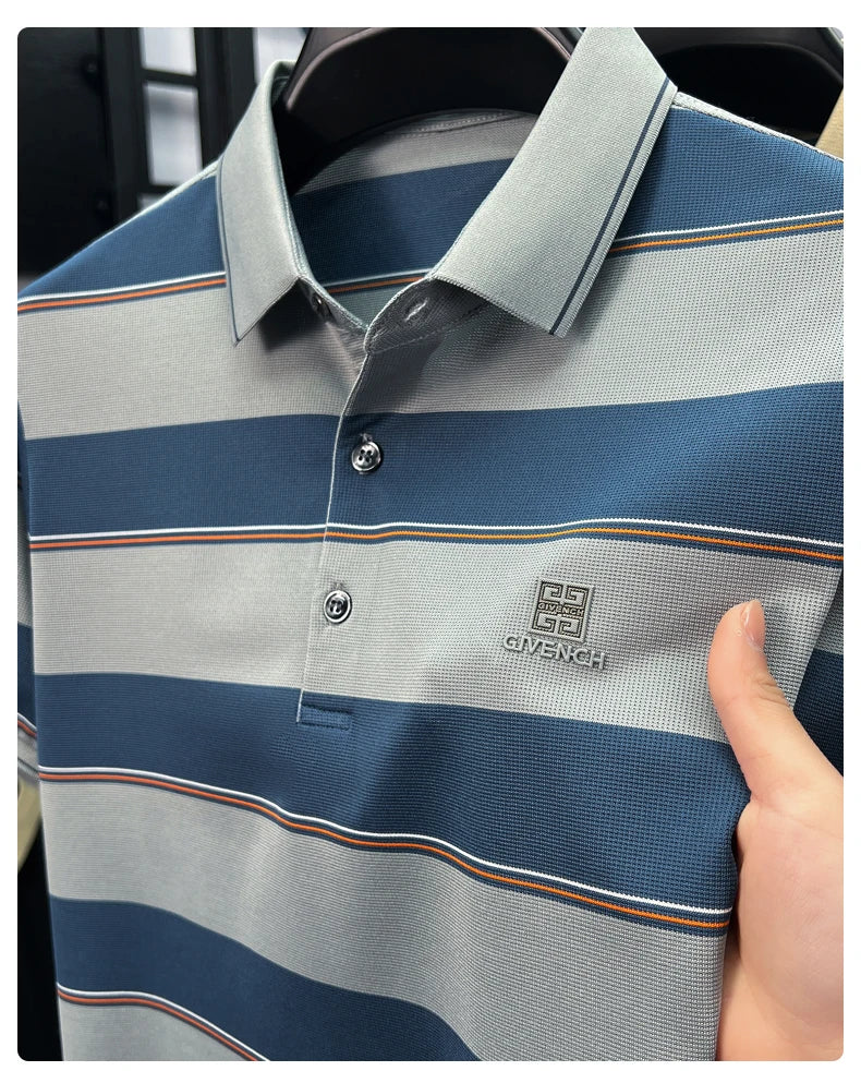 Light luxury striped color blocked short sleeve polo shirt brand symbol emboss high-end casual summer silky smooth men's T-shirt