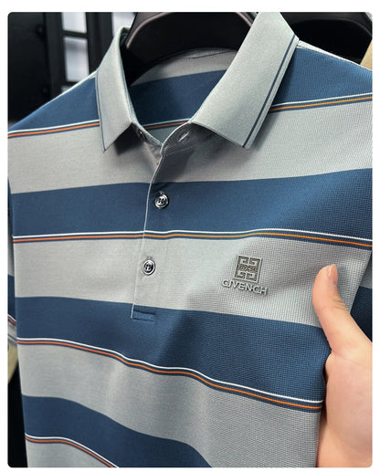 Light luxury striped color blocked short sleeve polo shirt brand symbol emboss high-end casual summer silky smooth men's T-shirt