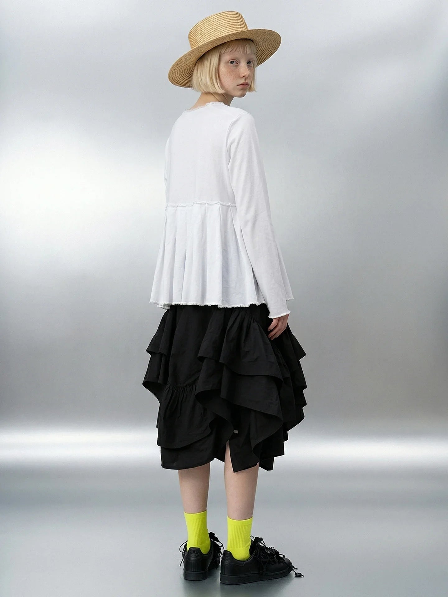 Black midi skirt for women imakokoni 2026 Spring Forest style high waist irregular ruffle edge mid length skirt 265401