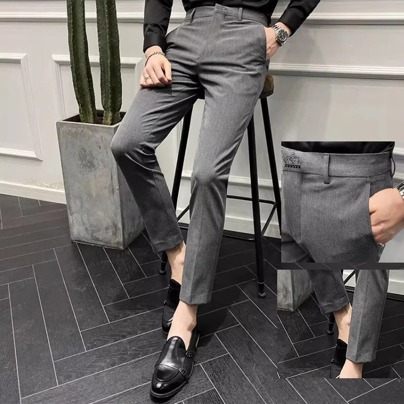 Men's Slim Fit Chino Pants with Embroidered Design - Classic Korean Style Casual Trousers for Daily Wear 28-42