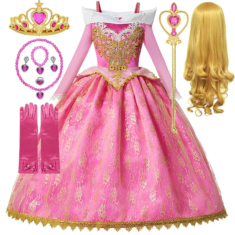 Girl Aurora Princess Dress Children Luxurious Cosplay Costume Rose Pink Briar Rose Outfit Kids Carnival Birthday Party Clothing