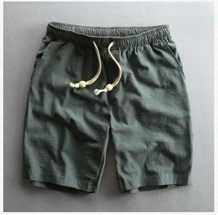 Summer Men Casual Cotton Linen Shorts Knee Length Beach Elastic Waist Shorts Solid Color Comfortable Pants New