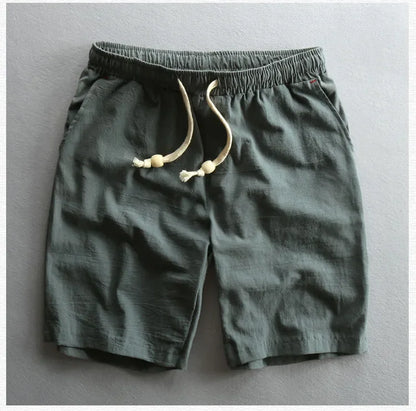 Summer Men Casual Cotton Linen Shorts Knee Length Beach Elastic Waist Shorts Solid Color Comfortable Pants New