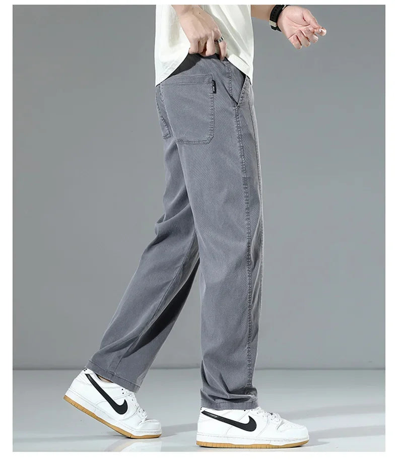 Summer Thin Men's Loose Straight Jeans Lyocell Soft Drape Business Casual Trousers Classic Smoke Gray Brand Ice Silk Denim Pants
