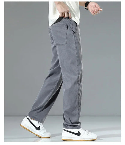 Summer Thin Men's Loose Straight Jeans Lyocell Soft Drape Business Casual Trousers Classic Smoke Gray Brand Ice Silk Denim Pants