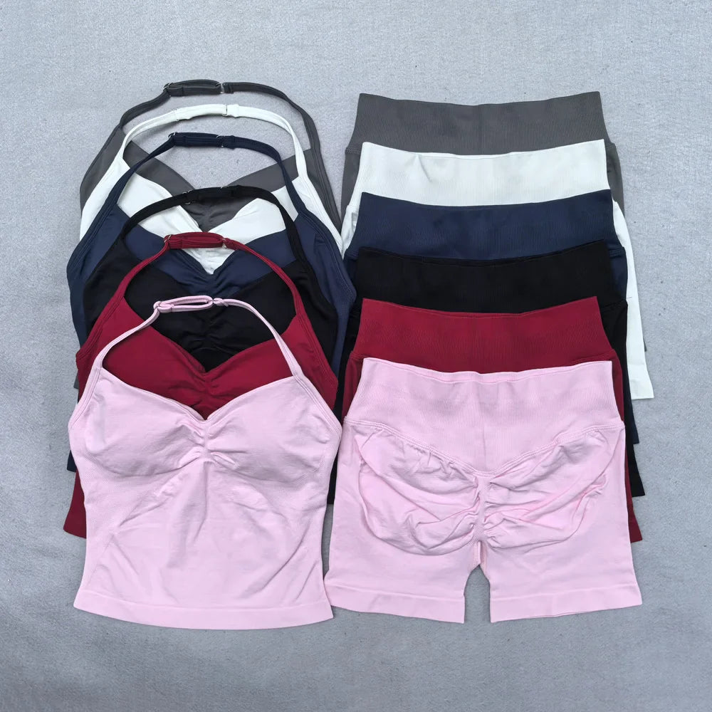 2 Pieces Yoga Set Women Backless Halter Tops High Waist Seamless Shorts Gym Suit Fitness Clothes Sportswear Workout Sets