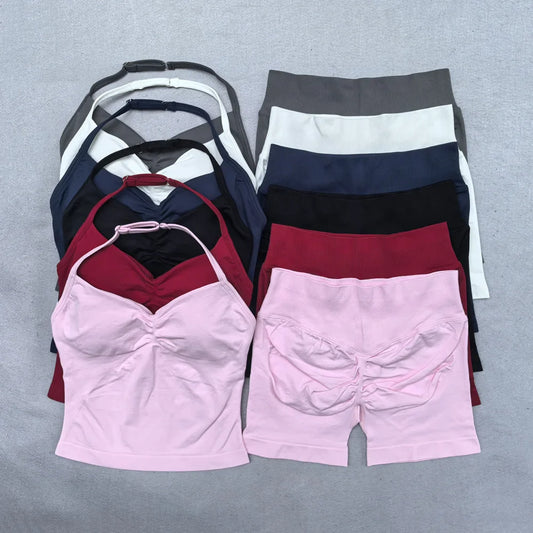2 Pieces Yoga Set Women Backless Halter Tops High Waist Seamless Shorts Gym Suit Fitness Clothes Sportswear Workout Sets