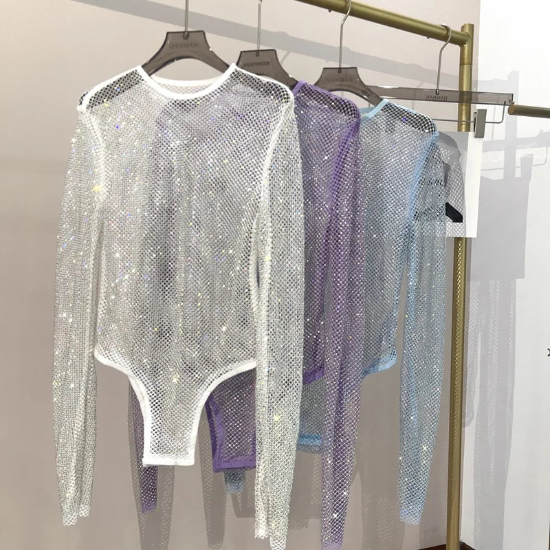Women's Shiny Rhinestone Fishnet See-Through Bodysuit Mesh Fashion Sexy Bodysuit