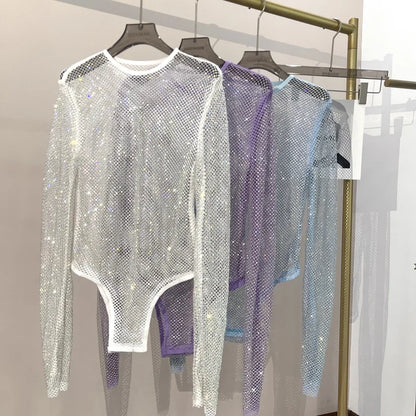 Women's Shiny Rhinestone Fishnet See-Through Bodysuit Mesh Fashion Sexy Bodysuit