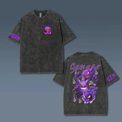 Animated Gengar Print Vintage Washed Short Sleeve T-Shirt Men and Women Summer Casual Fashion Clothing Cotton