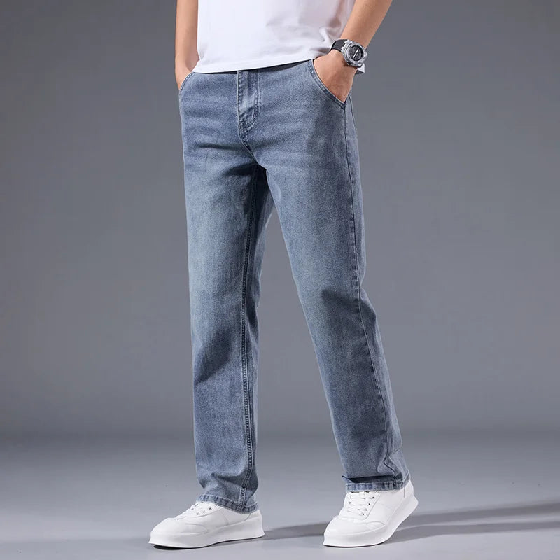 New Men's Light Business Micro Stretch Straight Fit Denim Pants Vintage Distressed All Season Wearable Long Pants