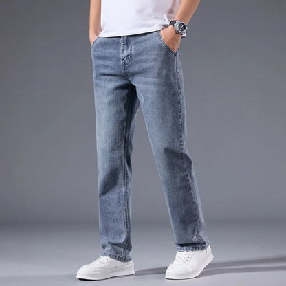 New Men's Light Business Micro Stretch Straight Fit Denim Pants Vintage Distressed All Season Wearable Long Pants