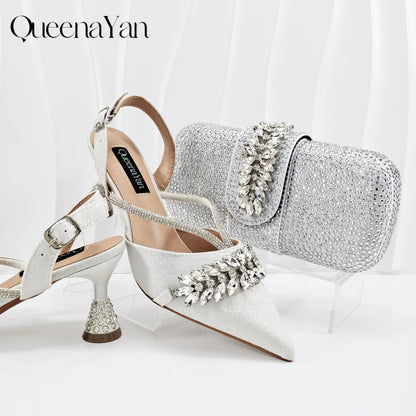 New Arrival Fashionable Olive Color Diamond Decorative Party Wedding Pointed Toe Women's High Heels and Bag Set