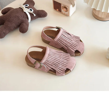 Summer Peep Toe Tassel Children Shoes Girls Sandals Soft Bottom Flat Heel Buckle Girl's Shoes Back Strape Slingbacks Shoe I05285