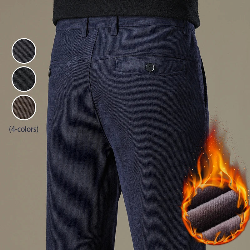 Winter Men Business Fleece Thick Casual Pants Straight Velvet Corduroy Warm Cold Resistant Bottoms Elastic Waist Trousers