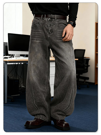 American Retro Grey Men's Baggy Wide Leg Jeans High Street Spliced Deconstruction Design Daily Casual Denim Pants Unisex Clothes