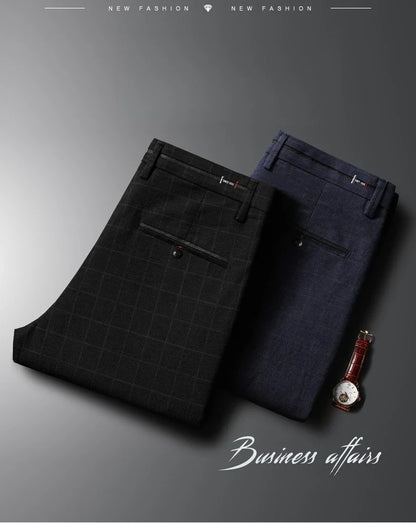 Spring Summer Business Men's Casual Pants Fashion Grid Design Versatile Comfortable Slim Straight Legs Elastic Male Trousers