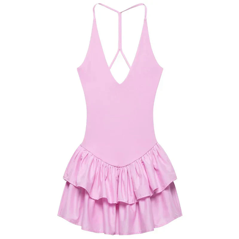Womens Dresses Ruffled Halter Dress Summer Black Pink White Dress Mini Layered Backless Short Dresses Elegant Vestidos 066