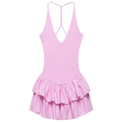 Womens Dresses Ruffled Halter Dress Summer Black Pink White Dress Mini Layered Backless Short Dresses Elegant Vestidos 066
