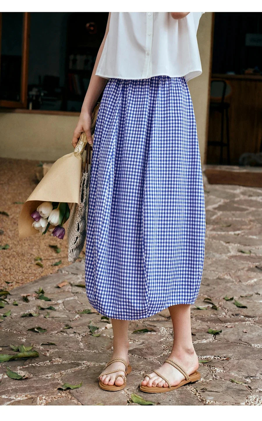 Women's Summer 2026 Midi Elastic Waistband Skirt Elegant Office Ladies Blue Plaid BUD Skirt Female Clothes O57XB99598