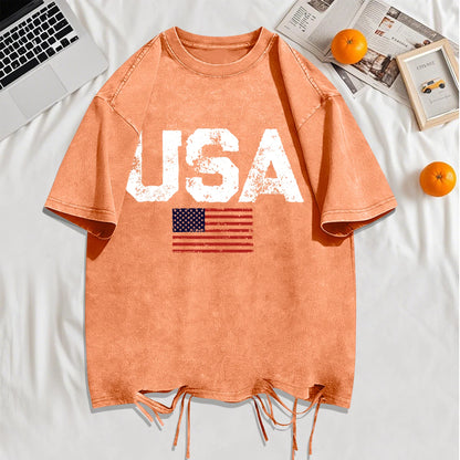 Usa Letter American Flag Printed Washed Holes T-Shirt Man Summer Cotton Loose Top O-Neck Creative Tee Unisex Vintage T Shirt