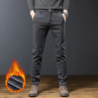 Classic Men's Fleece Slim Pants Winter Casual Velvet Business Straight Solid Thick Plush Trousers Brand Clothing Man Pants