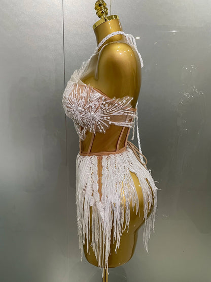 Pearl Sequins Tassel Sleeveless Glitter Mini Dress Women Singer Bar Nightclub Stage Performance Clothing Show Outfit