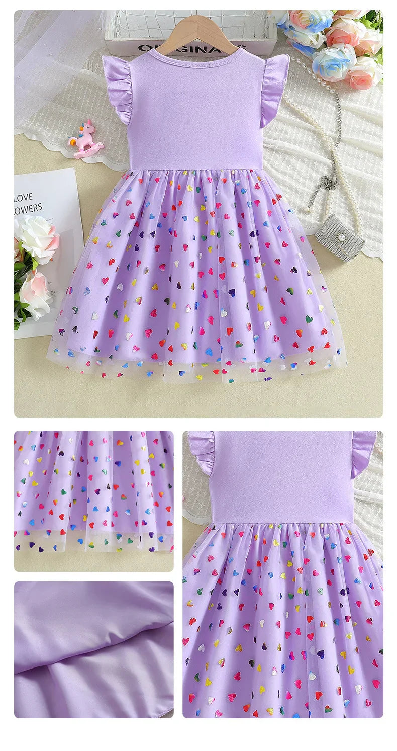 2026 Korean Style Girls Summer Unicorn Print Dress Short Sleeve Tulle Princess Gown Kids Casual Party Clothes for South Korea