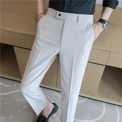 Stretch Solid Color Men's Trousers, Suitable for Business Casual, Parties, Formal Events, and Ankle-length Slim Pants.28-40