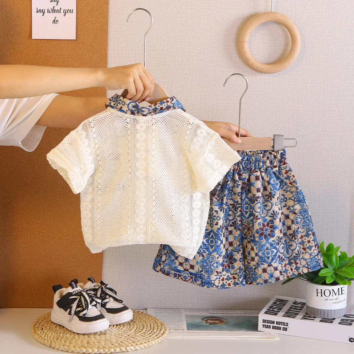 Children Summer Fashion Baby Boy Clothes Kids Collar Hollow Out Polo T Shirt+ Flower Shorts 2pc/Set Toddler Girls Casual Outfits