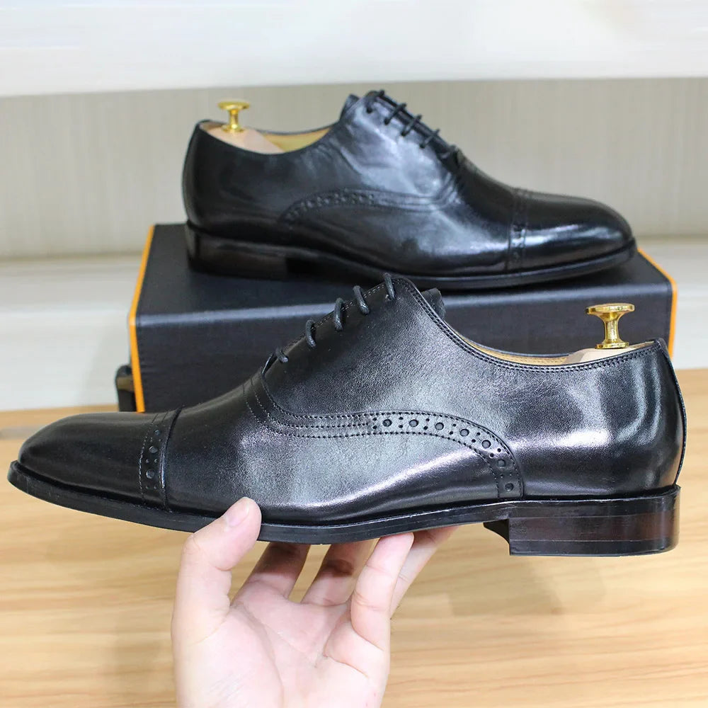 Men's Genuine Leather Oxfords Handmade Cap Toe Dress Shoes Lace-Up Formal Wedding Shoes Business Office Male Footwear