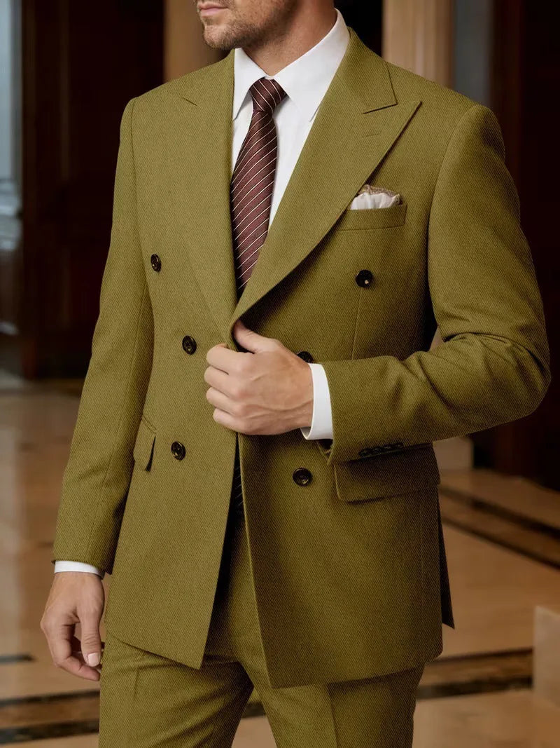 2026 New Double-Breasted Peak Lapel Men's Suit Set Two-Piece Coffee Beige Pink (Jacket   Pants) Casual Business B