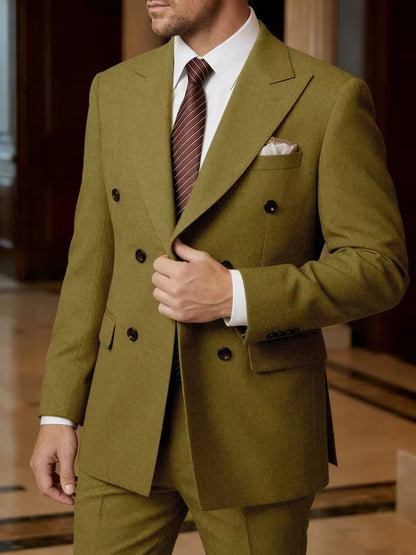 2026 New Double-Breasted Peak Lapel Men's Suit Set Two-Piece Coffee Beige Pink (Jacket   Pants) Casual Business B